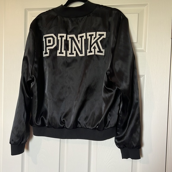 Victoria’s Secret PINK Satin Black Bomber Jacket Button Down Large - Picture 4 of 11
